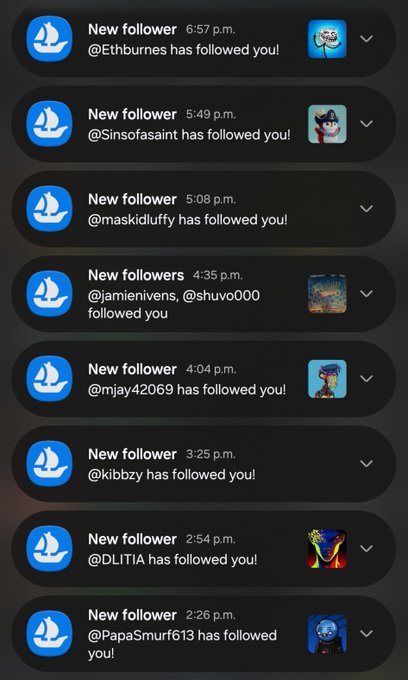 A screenshot of Twitter/X notifications showing multiple new followers including @Ethburnes, @Sinsofasaint, @maskidluffy, @amienivens, @shuvo000, @mjay42069, @kibbzy, @DLITIA, and @PapaSmurf613.