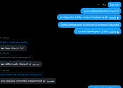 The image shows a chat conversation between "Tem x" and "Nefa" discussing collaboration details, including 40 GTD allocations (20 for each community), average entry screenshots, and a request to check raffle links with the message "You can also check the nftogether.io one."