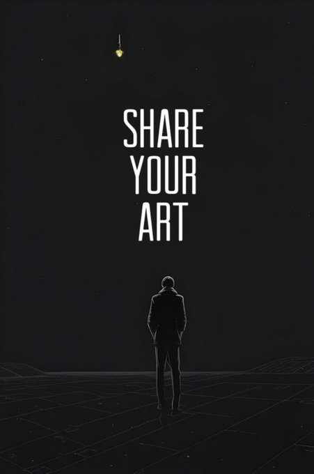 A silhouette of a man in a suit stands on a gridded plane looking up at the bold white text "SHARE YOUR ART" against a dark starry sky, with a small lightbulb hanging above.