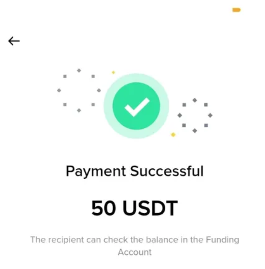 Mobile app screenshot showing a green checkmark with "Payment Successful" and "50 USDT," noting the recipient can check the balance in the Funding Account.