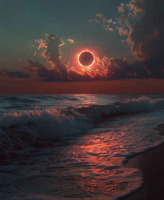 The image features a beautiful sunset over the ocean, with the sun partially obscured by clouds. The sky is painted in shades of red and orange as the sun sets behind the horizon. The ocean has waves crashing onto the shore, creating a serene atmosphere. The photo appears to be taken during the day, capturing the stunning colors of the sunset.
