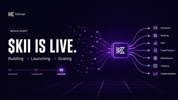 A promotional banner for KiiChain announcing '$KII IS LIVE' with a roadmap showing 'Building → Launching → Scaling' and listing services including Payments, Banking, DeFi, Trade Finance, Remittances, Treasury, and Capital Markets.