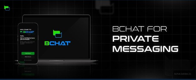 An advertisement banner for BChat for private messaging, showing the app interface on a phone and laptop with a dark green grid background.