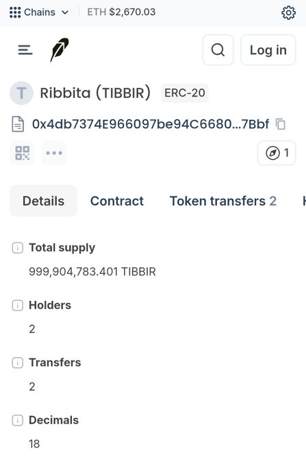 A cryptocurrency details page showing the 'Ribbita (TIBBIR)' ERC-20 token with contract address 0x4db7374E966097be94C6680...7Bbf, a total supply of 999,904,783.401 TIBBIR, 2 holders, and 2 transfers.