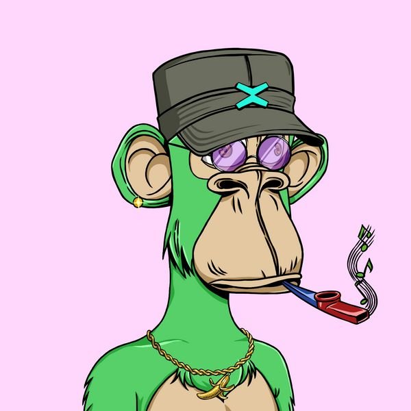 A cartoon illustration of a green monkey wearing a military cap with an X symbol, purple sunglasses, a gold chain, and smoking a pipe with a glitch effect on the smoke.