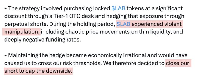 The image highlights two key text segments explaining a trade strategy: purchasing locked $LAB tokens at a discount via OTC and hedging with perpetual shorts, followed by closing the short due to violent manipulation and negative funding rates that made the hedge untenable. This illustrates the case described in the post, where the trader was forced to close a profitable short position at a $500K loss after $LAB experienced chaotic price movements and deep negative funding rates, ultimately returning to their entry price.