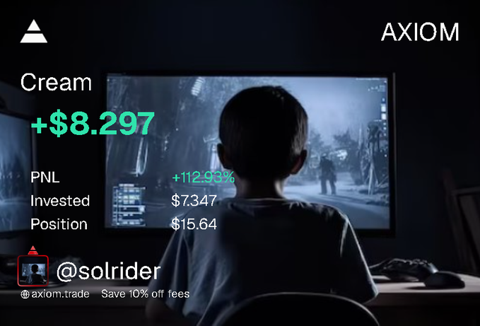 An AXIOM trading app screenshot showing a profit of +$8.297 (+112.93%) on "Cream" by @solrider, with a background image of a child playing video games.