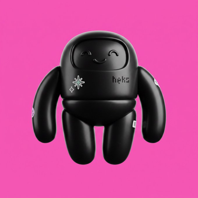 A glossy black inflatable mascot figure with a smiling face, four limbs, and small white star/snowflake logos on its chest, displayed against a solid bright pink background.