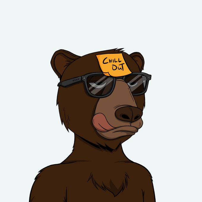 A cartoon illustration depicts a brown bear wearing black "OAKT" sunglasses and an orange sticky note on its forehead that reads "CHILL OUT".