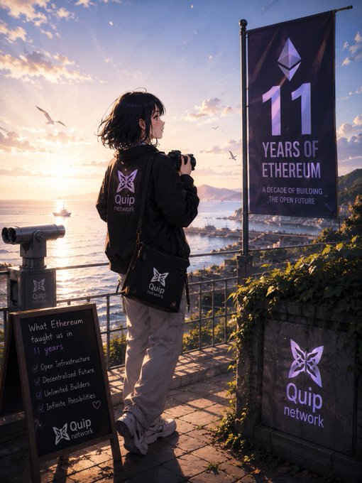 An anime-style artwork of a person wearing Quip network merchandise, standing by a railing overlooking a harbor at sunset, with a banner celebrating "11 YEARS OF ETHEREUM."