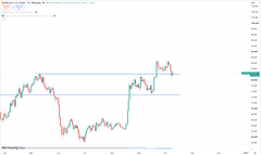 A financial chart displays price movements with red and green candlesticks against horizontal blue support/resistance levels.