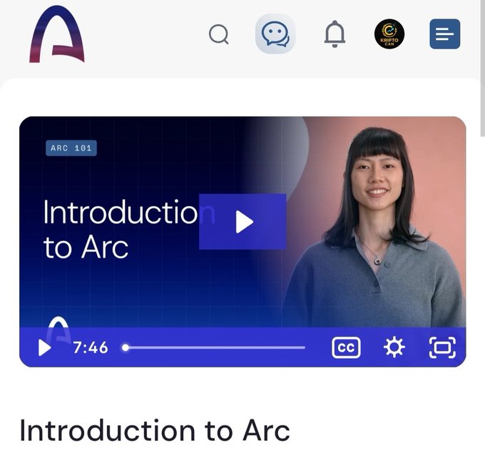 A webpage screenshot showing an 'Introduction to Arc' video tutorial featuring a young woman in a blue sweater, with a 7:46 play time and ARC 101 label.
