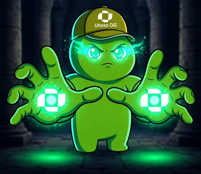 A green cartoon character with glowing green eyes and multiple glowing arm-like appendages, wearing an olive cap labeled 'Utexo OG' in a dark, moody setting.