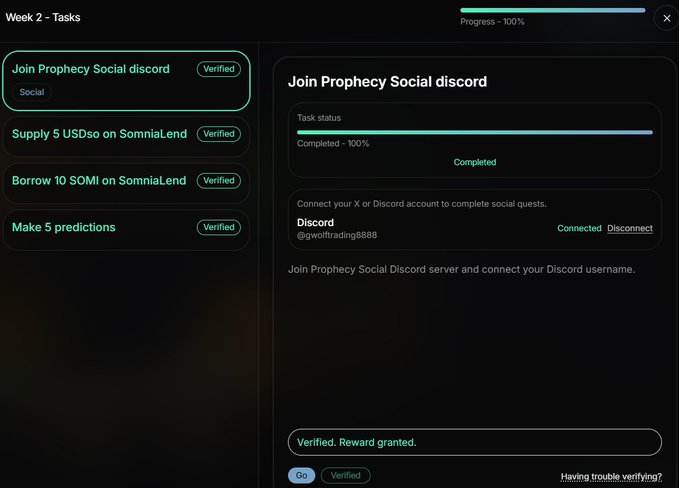 A dark-themed 'Week 2 - Tasks' interface showing 100% progress with verified quests: 'Join Prophecy Social discord', 'Supply 5 USDSo on SomniaLend', 'Borrow 10 SOMI on SomniaLend', and 'Make 5 predictions', with the Discord account @woltrading8888 marked as Connected and Completed.