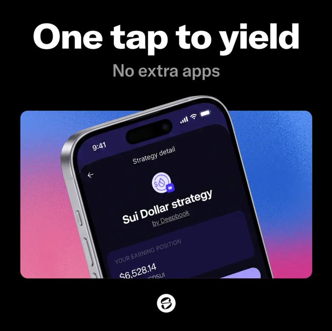 A promotional image featuring a smartphone displaying a "Strategy detail" screen for a "Sui Dollar strategy by Deepbook," showing an earning position of $6,528.14, under the bold heading "One tap to yield — No extra apps," which highlights the platform's user-friendly, app-free yield farming feature that has resonated well with the Sui community.