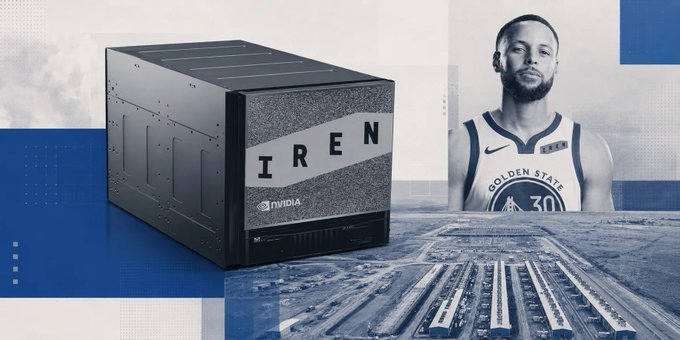 Promotional image featuring an NVIDIA IREN server rack, a data center facility, and a portrait of basketball player Stephen Curry in his Golden State Warriors jersey.