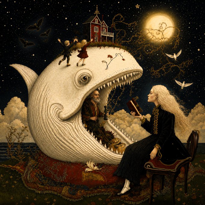 A surreal dark fantasy illustration showing a giant white whale with children playing on its back, a bearded man inside its mouth, and a blonde woman in black reading to them under a moonlit sky.