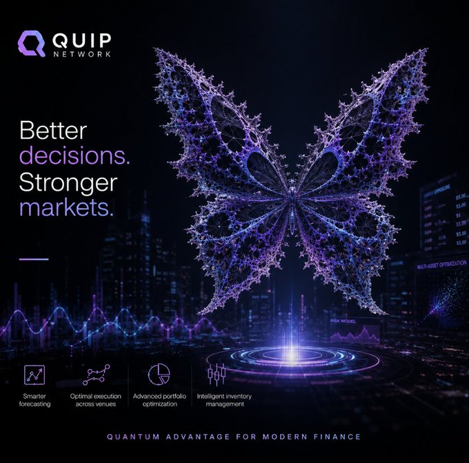 The image features a butterfly with purple wings that is displayed against a dark background. The butterfly appears to be floating or hovering above a city skyline, which adds an interesting visual element to the scene. The text "gQuip fam What's interesting about @quipnetwork" suggests that there might be some connection between the butterfly and the Quip network. However, without more context from the image itself, it is difficult to determine if this connection is significant or just a coincidental detail in the composition of the image.