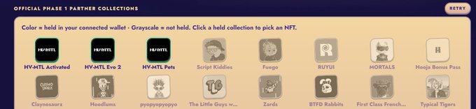 An 'Official Phase 1 Partner Collections' interface showing various NFT collections including HY-MTL Activated, HY-MTL Evo 2, HY-MTL Pets, Script Kiddies, Fuego, RUYUI, HORTALS, Mooja Bonus Pass, Claynosaurz, Hoodlums, and others.