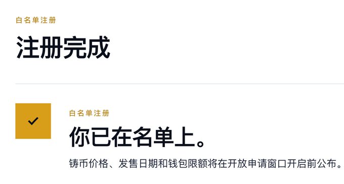 A registration confirmation screen in Chinese displaying "注册完成" (Registration Complete) and "你已在名单上" (You are on the list), indicating successful whitelist registration with future announcements on cryptocurrency pricing, sale dates, and wallet limits.