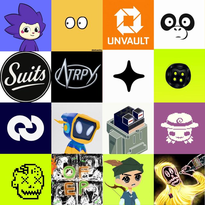 The image displays a 4x4 grid showcasing NFT collection logos and artwork, including recognizable pieces like "Chog," "UNVAULT," "ATRPY," and pixel-art skull characters, alongside the text "Suits" and "DEEP." The grid visually represents the upcoming NFT collections promoted in the post, highlighting their branding and artwork to illustrate potential 10x opportunities similar to RobinWifhat's performance.