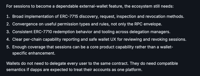 A dark text slide outlines five requirements for sessions to become a dependable external-wallet feature, mentioning ERC-7715, ERC-7710, and per-chain capability reporting.