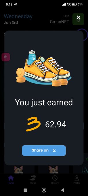 The image shows a phone screen with an app icon, which appears to be a social media platform or messaging app. The main content of the image is a pair of sneakers placed next to some coins. There are also two cats visible on the screen, one located near the top left corner and another at the bottom right corner. 

The post in question seems to be about an achievement or accomplishment related to the sneakers. It reads: "I just earned #B3TR on ST3PR! Put your sneakers on and get your #B3TR on ST3PR!" The text suggests that someone has reached a milestone, possibly by reaching a certain number of steps taken or reaching a specific goal in their fitness journey.