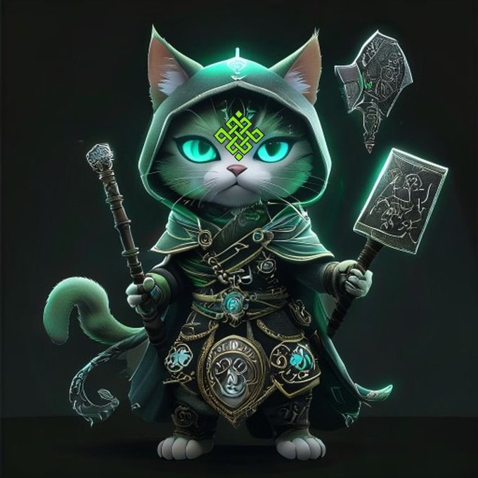 A digital illustration of a cat dressed as a green-robed wizard, holding two ornate weapons and featuring a glowing green Celtic knot on its forehead.