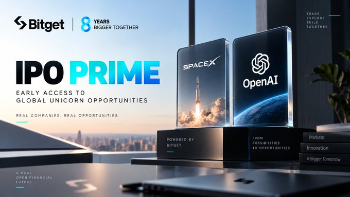 A promotional advertisement for Bitget's 'IPO PRIME' campaign celebrating '8 YEARS BIGGER TOGETHER,' featuring glass displays showcasing SpaceX and OpenAI logos to promote early access to global unicorn opportunities.