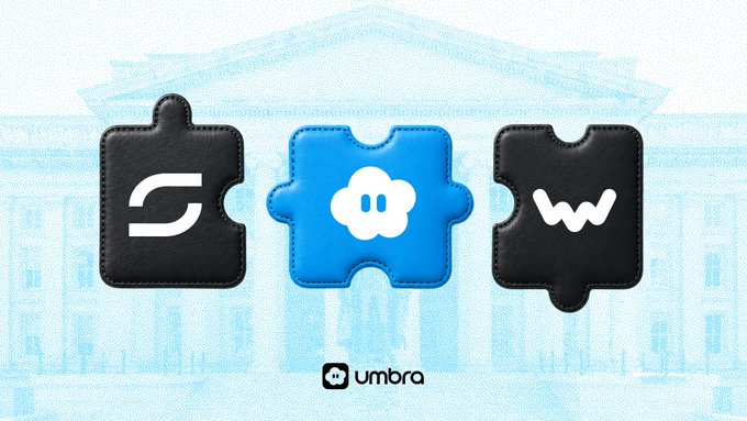 The image features a blue puzzle piece with a white cloud design, accompanied by three other puzzle pieces of different colors - black, gray, and white. The puzzle pieces are arranged in a way that they appear to be floating above an image of a building or a castle. The text "Any neobank can now offer private payments on Umbra" is written below the puzzle pieces, indicating that this image is related to a post about privacy-first neobanks and how users can access their private payment options through the app.