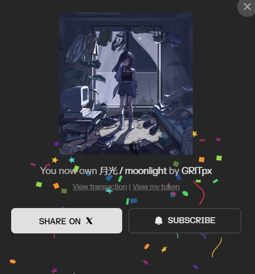 A digital collectible notification stating 'You now own 月光 / moonlight by CRITpx' with options to 'SHARE ON X' and 'SUBSCRIBE', featuring anime-style artwork of a girl in a messy room.