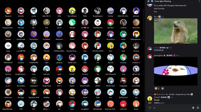 A Discord server interface titled "Inner Igloo Meeting" showing many user avatars, with a chat channel on the right discussing a collab with Heartopia featuring images of a marmot and Wario.
