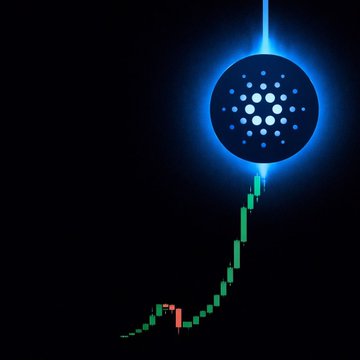 A glowing blue Cardano ($ADA) logo is displayed above a candlestick chart showing a strong upward price trend with green bullish candles. The image visually reinforces the post's bullish sentiment, symbolizing Cardano's "cooking" momentum in DeFi and its community-driven ascent.