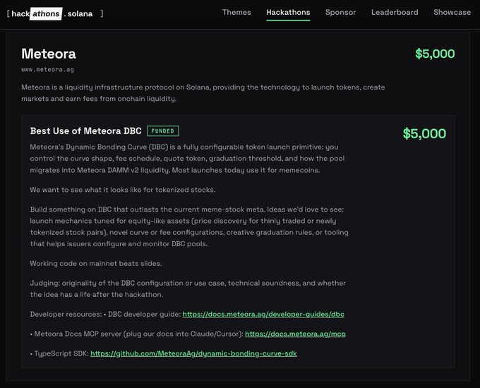 A Solana hackathon webpage features the 'Meteora' project offering a $5,000 prize for the 'Best Use of Meteora DBC' (marked FUNDED), describing a liquidity infrastructure protocol with DAMM v2 integration.