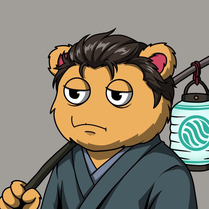 A digital illustration of an anthropomorphic bear character with a neutral expression, wearing a dark blue kimono and carrying a staff with a paper lantern featuring a blue wave design.