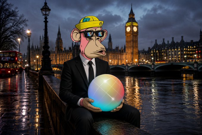 A digital composite image of a Pepé the Frog character wearing a black suit, sunglasses, and a yellow 'WIF' cap, holding a colorful glowing orb with London's Big Ben and Parliament in the background.