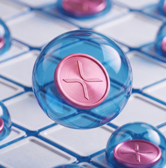 A pink XRP-branded coin encased in a translucent blue sphere rests on a glossy grid of similar orbs, visually representing FXRP—the wrapped version of XRP—being securely integrated as collateral on Ethereum. The glowing, layered composition reflects the token's new role within a $280M RLUSD vault on Morpho Blue, highlighting its institutional significance in DeFi.
