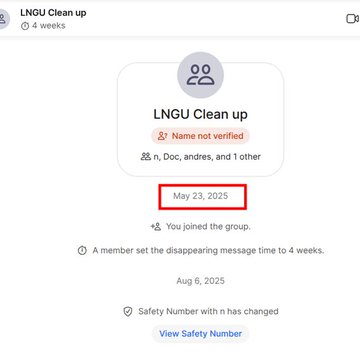 A WhatsApp group info screen for 'LNGU Clean up' showing 'Name not verified', 4 weeks disappearing messages, and a date of May 23, 2025 highlighted in red.
