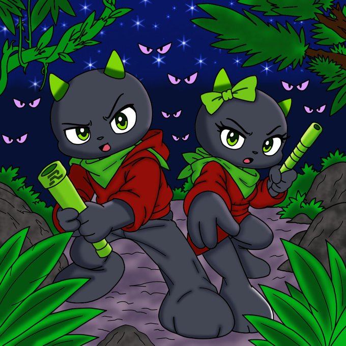 An illustrated cartoon shows two black ninja-like characters with green eyes, wearing red hoodies and bandanas, holding green scrolls in a nighttime jungle setting with mysterious eyes watching from the shadows.