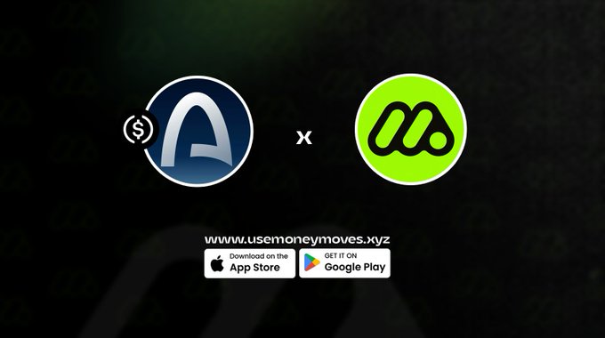 A promotional graphic showing logos for a cryptocurrency or financial app, featuring 'www.usemoneymoves.xyz' with App Store and Google Play download buttons.
