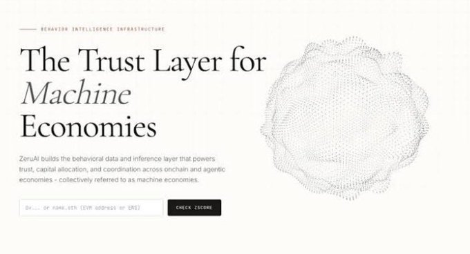 A webpage for ZeraAI titled 'The Trust Layer for Machine Economies' with a score input field and a circular geometric graphic on the right.