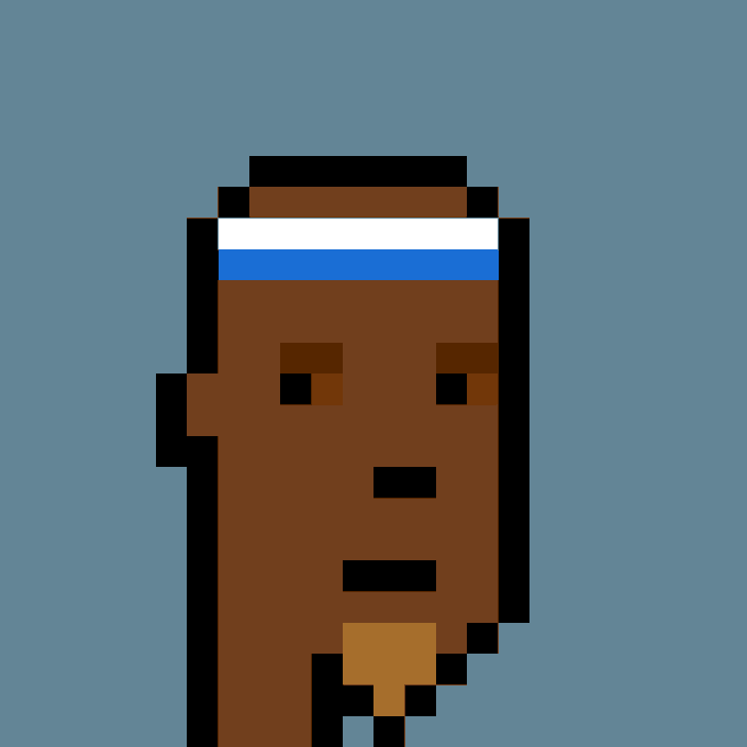 A pixel art portrait of a person with dark brown skin wearing a blue and white headband against a bright blue background.