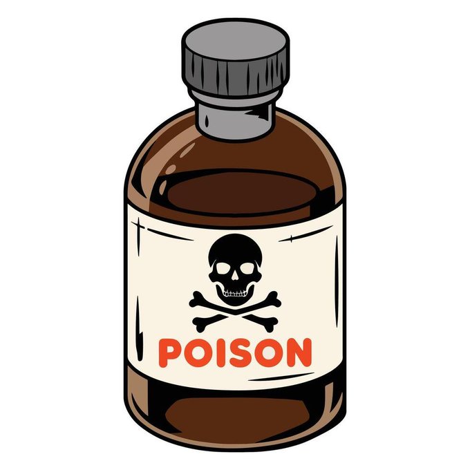 A cartoon illustration of a brown glass bottle with a gray cap and a label featuring a skull and crossbones above the word 'POISON' in red.