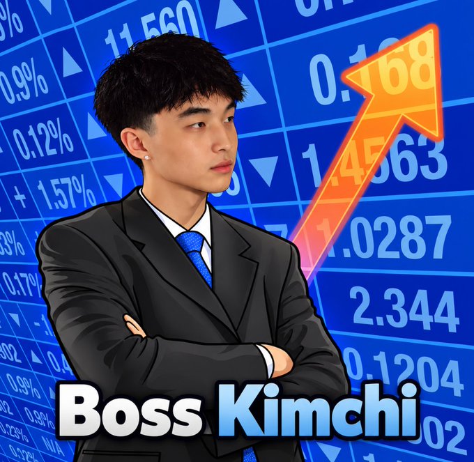 A promotional crypto graphic shows a suited man in front of a blue market-data board with a large rising orange arrow and bold text reading “Boss Kimchi.” The post promotes $BossKimchi as a “market maker” and asks users to drop their $SOL addresses for the first 100 wallets, using hashtags $kimchi and #kimchi.