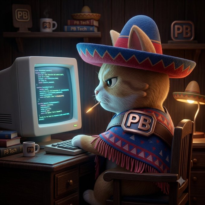 A 3D-rendered anthropomorphic cat wearing a blue and red sombrero and a 'PB' branded cape, sitting at a desk working on a vintage computer displaying code, with 'PB Tech' items scattered around.