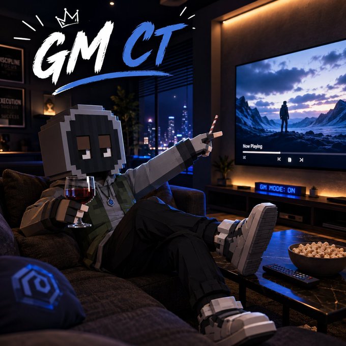 A pixel-art style figure with a black and white mask relaxes on a couch holding a wine glass, with "GM CT" text and a TV showing a mountain scene in a city-lit room.