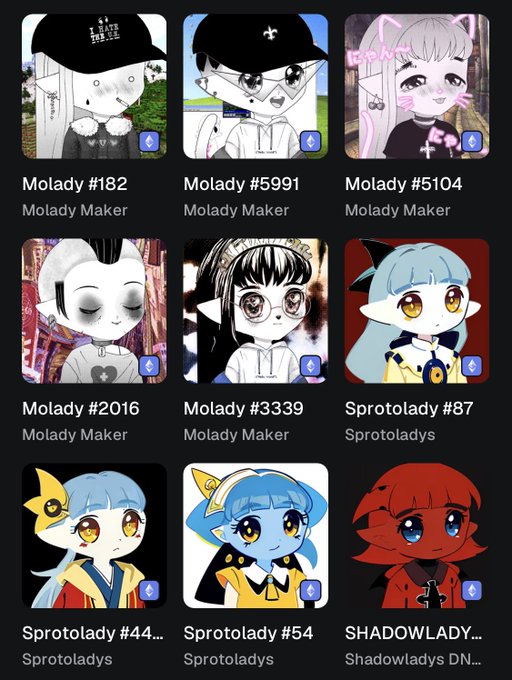 A collection of eight animated character avatars labeled 'Molady' and 'Sprotolady' with various numbers, displayed against a dark background.