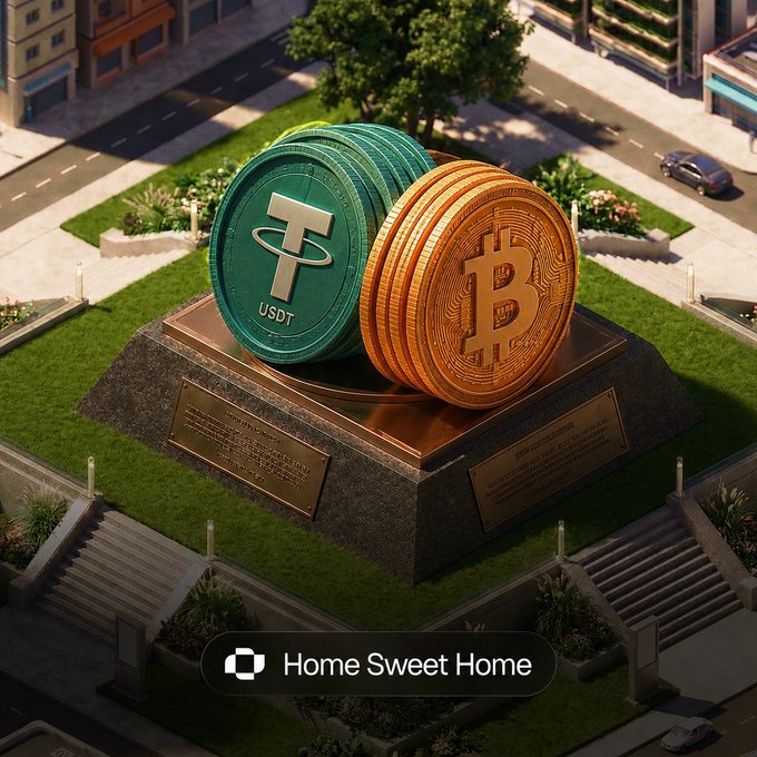 3D-rendered scene showing oversized USDT (Tether) and Bitcoin coins displayed on a pedestal in a city park, with a 'Home Sweet Home' badge at the bottom.