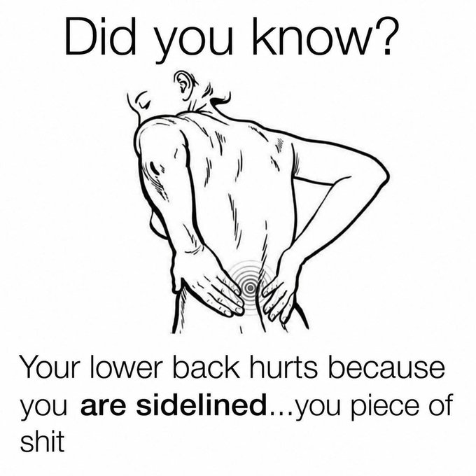 A "Did you know?" meme shows a line drawing of a person clutching their lower back, with text reading "Your lower back hurts because you are sidelined...you piece of shit." The image humorously relates to "GM bulls" by portraying bulls as being literally sidelined and nursing back injuries, playing on the idea of bullish investors being inactive or sidelined in the market.