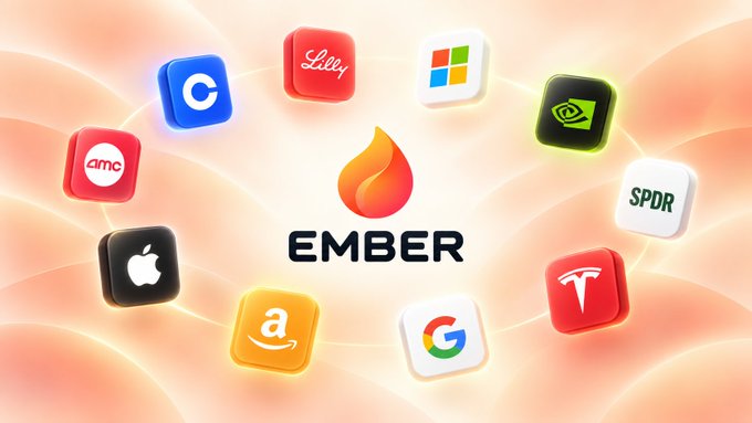 An illustrated graphic displays the 'EMBER' logo surrounded by floating app icons for brands including AMC, Lilly, Microsoft, Apple, Amazon, Google, NVIDIA, Tesla, and SPDR.